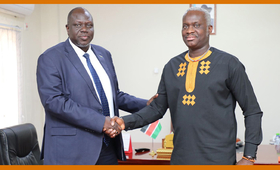Hon. Peter Gatwech Kulang & Dr. Ademola Olajide shake hands after the meeting 